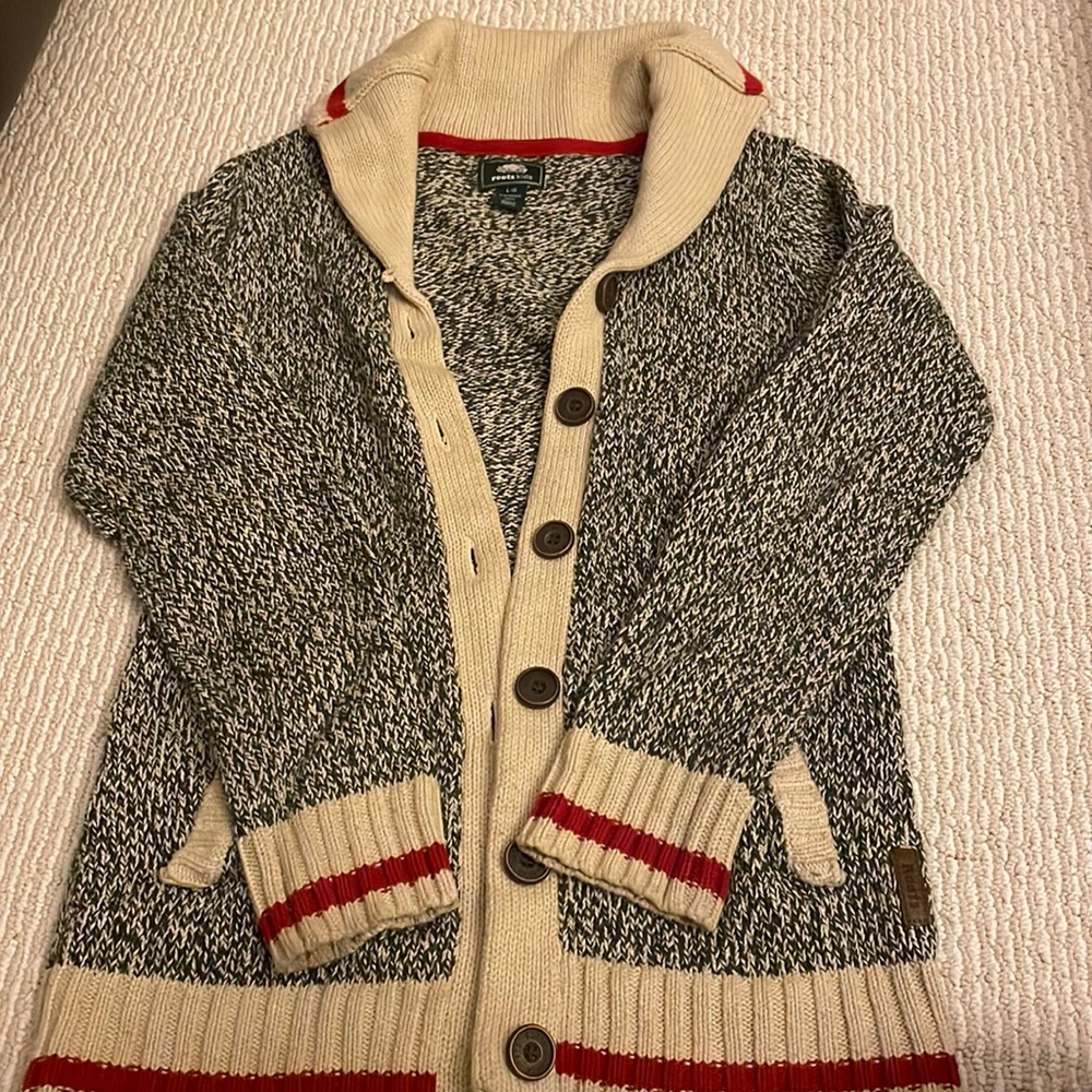 Roots Kids Cabin Sweater Shawl Cardigan Salt & Pepper Beige Striped Red Details